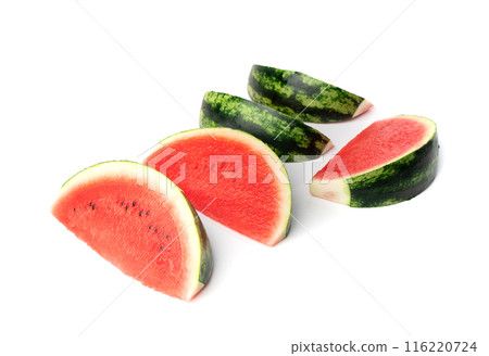 Watermelon pieces isolated. Water melon wedges pile, chopped Citrullus lanatus, red wassermelone cuts group Watermelon pieces isolated. Water melon wedges pile, chopped Citrullus lanatus, red wassermelone cuts group 116220724