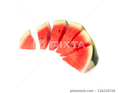 Watermelon pieces isolated. Water melon wedges pile, chopped Citrullus lanatus, red wassermelone cuts group Watermelon pieces isolated. Water melon wedges pile, chopped Citrullus lanatus, red wassermelone cuts group 116220726