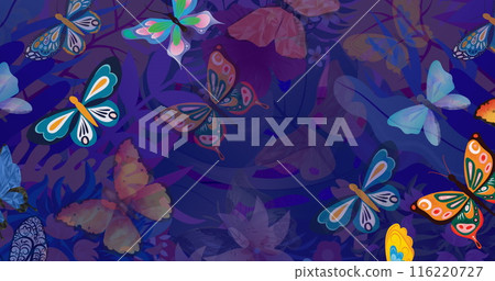 Image of colourful butterflies over plants 116220727