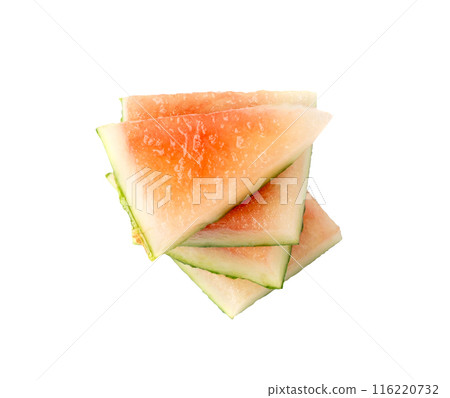 Watermelon pieces isolated. Water melon wedges pile, chopped Citrullus lanatus, red wassermelone cuts group 116220732