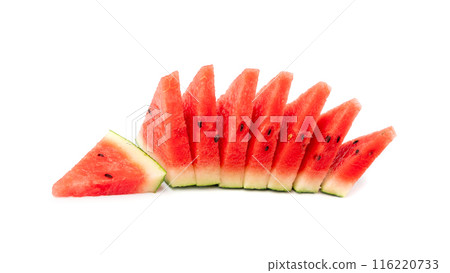 Watermelon pieces isolated. Water melon wedges pile, chopped Citrullus lanatus, red wassermelone cuts group 116220733