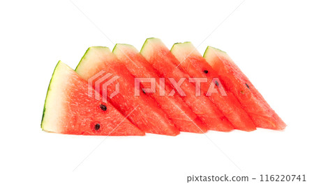 Watermelon pieces isolated. Water melon wedges pile, chopped Citrullus lanatus, red wassermelone cuts group 116220741