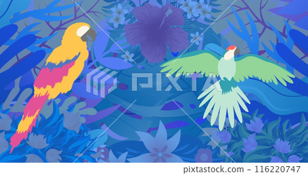Image of colourful parrots over plants 116220747