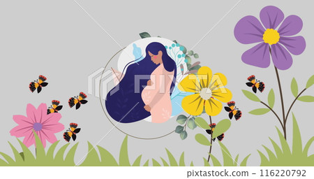 Image of pregnant woman icon over flowers on pink background 116220792