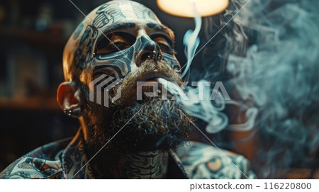 Tattoo artist smoking a cigarette relaxing after work 116220800