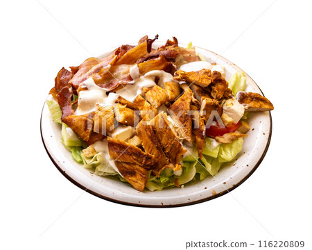 Polish Caesar salad with chicken, bacon and vegetables, high-calorie meat salad with fresh vegetables 116220809