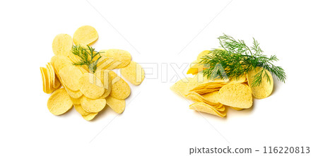 Potato dill chips pile isolated. Crispy thin potato snack heap set, fast food snacks with greens, spices Potato dill chips pile isolated. Crispy thin potato snack heap set, fast food snacks with greens, spices 116220813