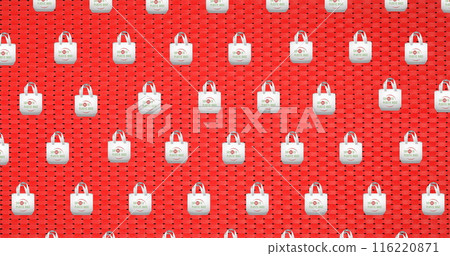 Image of no plastic bags text over bag icons on red background 116220871