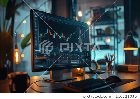 Stock market data displaying on computer screen in office at night 116221039