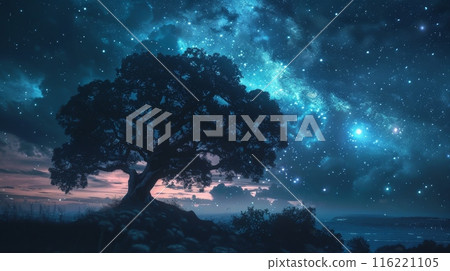 Lonely tree standing under milky way in a starry night 116221105