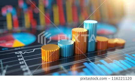 Colorful graph bars growing on statistic screen showing market data 116221120
