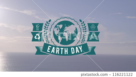 Image of earth day text over globe and sea 116221122