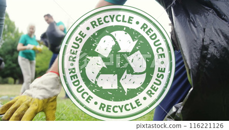 Image of recycling icon over volunteers cleaning in park 116221126