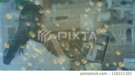 Image of data processing, bitcoin and security padlock over caucasian woman using laptop 116221165