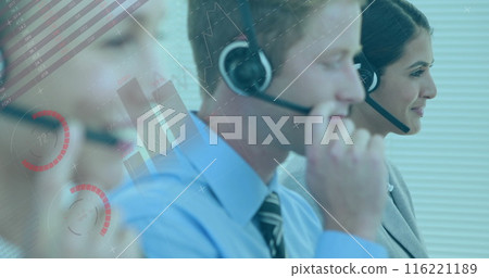 Image of statistics and data processing over diverse business people using phone headsets 116221189