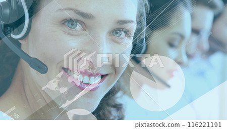 Image of statistics and data processing over caucasian businesswoman using phone headset Image of statistics and data processing over caucasian businesswoman using phone headset 116221191