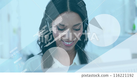 Image of statistics and data processing over biracial businesswoman using phone headset Image of statistics and data processing over biracial businesswoman using phone headset 116221192