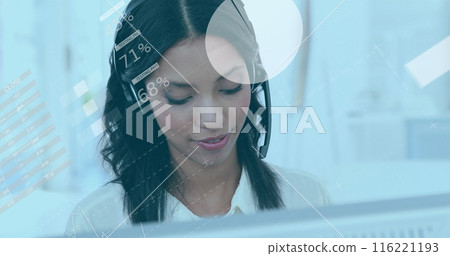 Image of statistics and data processing over biracial businesswoman using phone headset Image of statistics and data processing over biracial businesswoman using phone headset 116221193