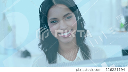 Image of statistics and data processing over biracial businesswoman using phone headset Image of statistics and data processing over biracial businesswoman using phone headset 116221194