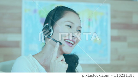 Image of statistics and data processing over asian businesswoman using phone headset Image of statistics and data processing over asian businesswoman using phone headset 116221195