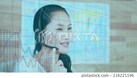 Image of statistics and data processing over asian businesswoman using phone headset Image of statistics and data processing over asian businesswoman using phone headset 116221196