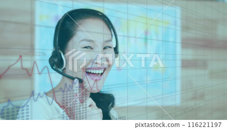 Image of statistics and data processing over asian businesswoman using phone headset Image of statistics and data processing over asian businesswoman using phone headset 116221197