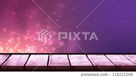 Image of lights over violet background with wooden surface Image of lights over violet background with wooden surface 116221209