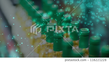 Image of lights over blurred wine bottles in shop 116221228