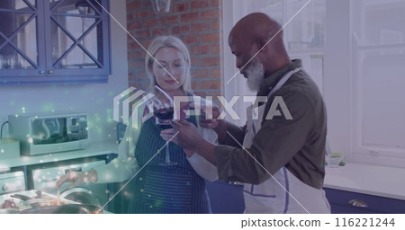 Image of lights over diverse senior couple drinking wine at home 116221244