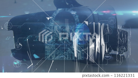 Image of data processing and padlock over vr headset 116221331