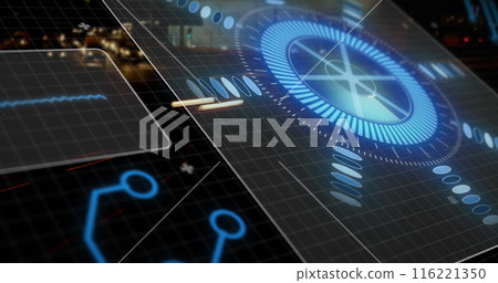 Image of processing circle over digital screen and road traffic, copy space Image of processing circle over digital screen and road traffic, copy space 116221350