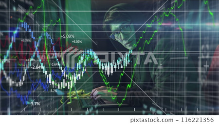 Image of financial data processing over asian man in server room 116221356