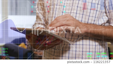 Image of financial data processing over businessman using tablet in office Image of financial data processing over businessman using tablet in office 116221357