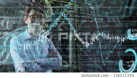 Image of financial data processing over asian businessman in server room Image of financial data processing over asian businessman in server room 116221359