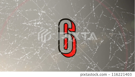 Large number six in red and black stands out against background with white cracks 116221403