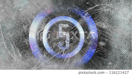 Number five is in center of frosty, icy background with scratches and textures 116221427