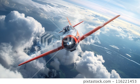 Small airplane flying through cloudy sky with pilot 116221453