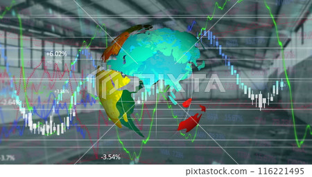 Image of rotating globe over financial data and graphs 116221495