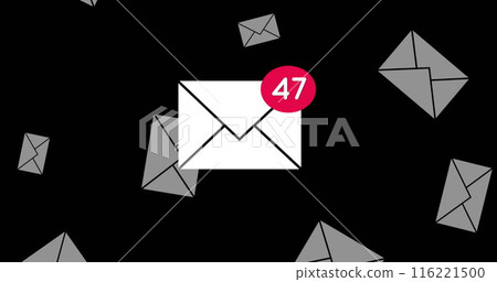 Image of number of new emails and envelopes floating over black background 116221500