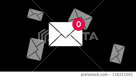 Image of number of new emails and envelopes floating over black background Image of number of new emails and envelopes floating over black background 116221501