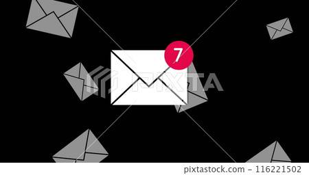 Image of number of new emails and envelopes floating over black background Image of number of new emails and envelopes floating over black background 116221502