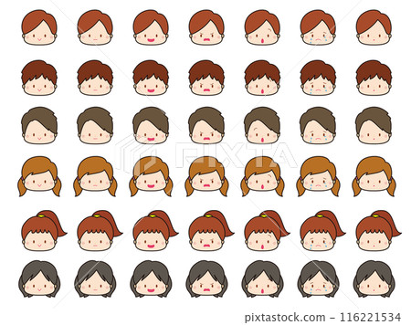 幼兒、男性和女性面部表情圖示集，帶有彩線 116221534