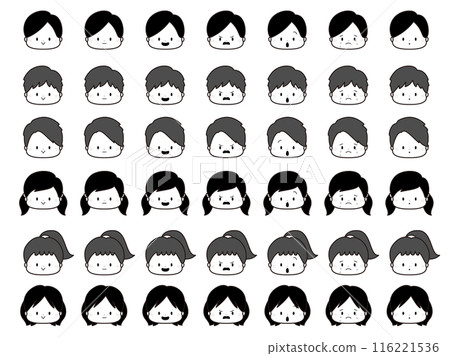 Young children, male and female facial expression icon set, monochrome 116221536