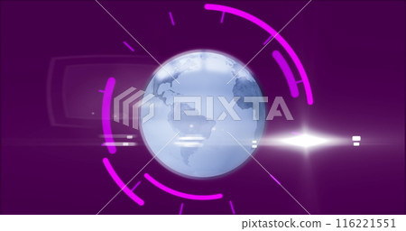 Image of globe over data processing and scope scanning on black background, copy space Image of globe over data processing and scope scanning on black background, copy space 116221551