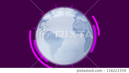 Image of globe over data processing and scope scanning on black background, copy space 116221559