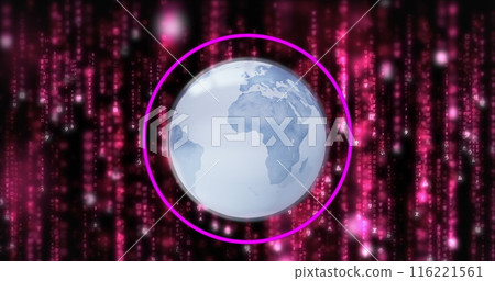 Image of globe over data processing and scope scanning on black background, copy space Image of globe over data processing and scope scanning on black background, copy space 116221561