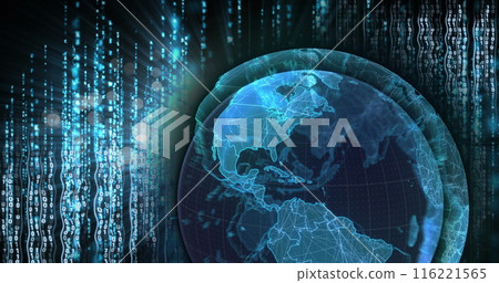 Image of globe over data processing on black background, copy space Image of globe over data processing on black background, copy space 116221565