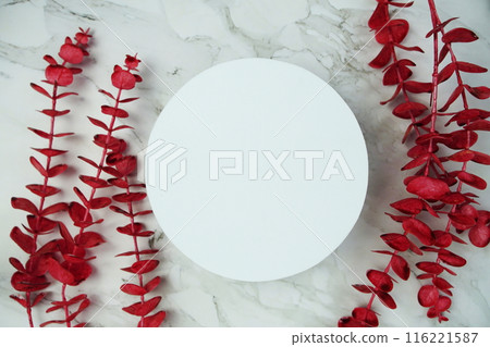 Top view of empty white circle and artificial red eucalyptus leaf decoration on marble background 116221587