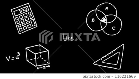 Image of school items icons and like text over black background, copy space Image of school items icons and like text over black background, copy space 116221669