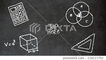 Image of school items icons and tap here text over black background, copy space Image of school items icons and tap here text over black background, copy space 116221702
